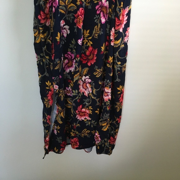 Old Navy Navy Blue Floral Satin Smocked Midi Slip Dress Sz XXL Floral Side Slit - Picture 9 of 15